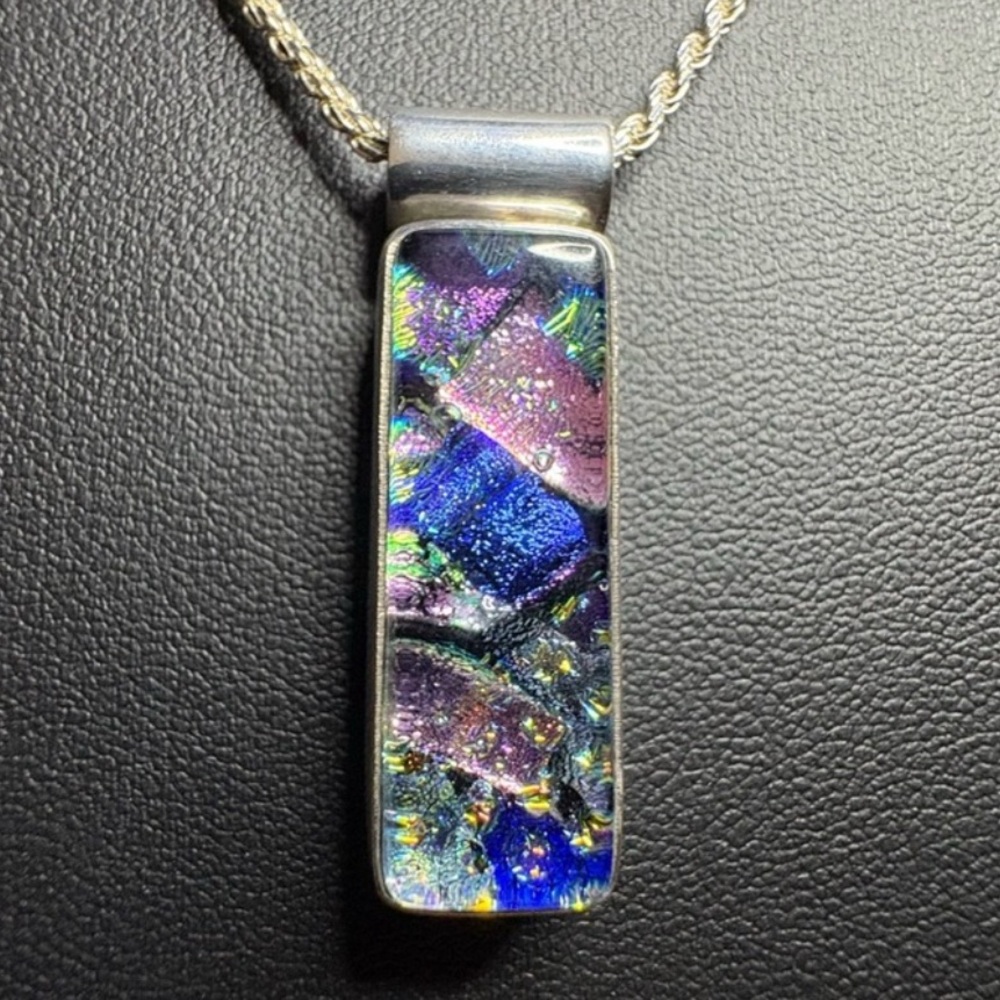 😎🌺Pendant*Dichroic Glass 925 Solid Sterling Silver Setting Colorful Bar